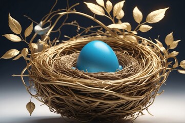 A gold-painted bird's nest cradles a single, vibrant blue egg.  