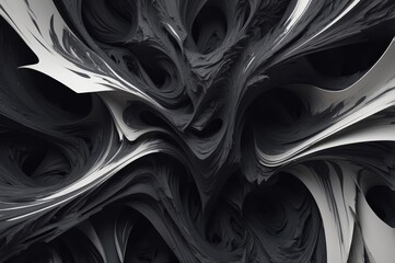 Abstract, chaotic, organic forms in grayscale.  Complex, flowing, layered shapes