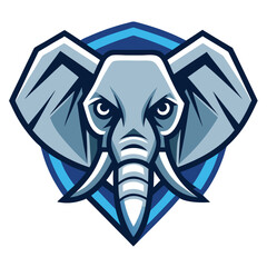 Focused elephant face, crafted in shades of gray and blue, is set against background