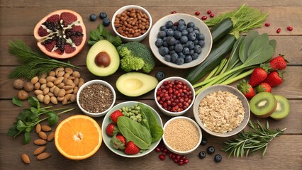 A selection of healthy foods for clean eating includes fruits, vegetables, seeds, superfoods, cereals, and leafy greens.