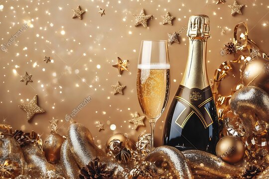 
Fundo de celebra&ccedil;&atilde;o com garrafa de champanhe dourada, estrelas , confete e serpentinas. Conceito de final de ano, anivers&aacute;rio ou casamento. Cart&atilde;o ano novo, R&eacute;veillon.

