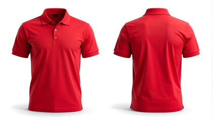 Front  Back View of Red Polo Shirt with Blank Template on White Background.