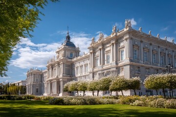 Royal Palace of Madrid stands majestically amid a sunny park setting showcasing elaborate architecture and green gardens