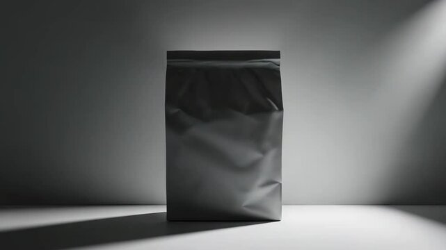 Realistic white blank paper bag packaging mockup standing against gray wall