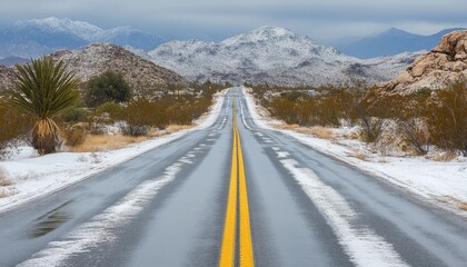 Naklejka premium Expansive Desert Road View with Distant Mountains, Open Asphalt, and Clear Blue Sky in Winter Season