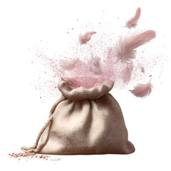 Soft Beige Fabric Pouch Exploding with Pink Powder and Floating Feathers Isolated on Transparent Background

