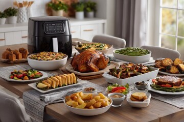 Delicious Holiday Feast with Roasted Chicken and Various Sides