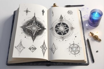 Open sketch book with intricate, stylized symbols.  Detailed design concepts for mystical or magical elements.