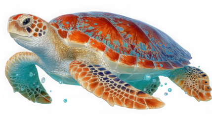 A colorful sea turtle swims gracefully isolated on transparent background