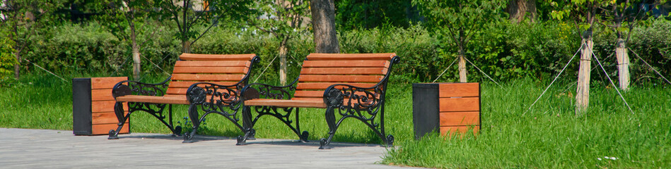 A charming scene showcasing vintage wooden benches adorned with ornate ironwork, set in a lush city park on a sunny summer day. Photo
