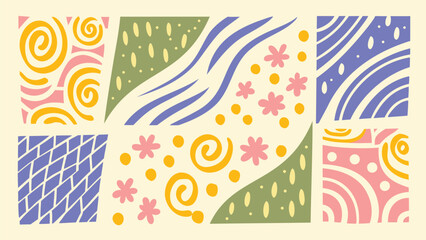 Obraz premium Abstract collage with spirals, floral shapes, and geometric patterns in pastel colors scheme design