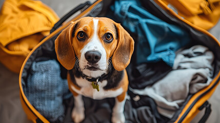 Beagle dog sits in open suitcase with clothes and leisure items. Summer travel, preparing for trip, packing luggage. Top view