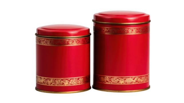 Two decorative red metal tins with ornate gold trim in different sizes isolated on transparent background