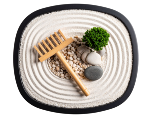 Mini Zen Garden with Raked Sand, Pebbles, and Wooden Rake, Top View, Isolated on Transparent Background