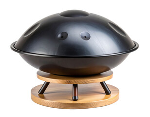 Minimalist Black Handpan Drum on Wooden Stand, Front Angle, Isolated on Transparent Background