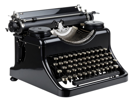 Minimalist Black Retro Typewriter with Glossy Finish and Metal Typebars, Side Angle, Isolated on Transparent Background