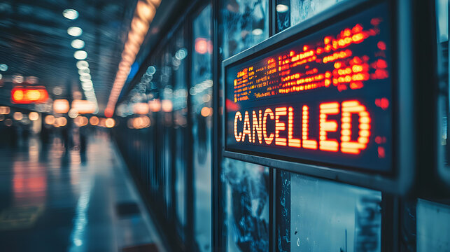 Airport Cancellations Departure Board with CANCELLED, Flight Disruption Passengers at Cancelled Flight Board