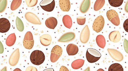 Nuts and seeds seamless pattern. Food ingredients for cooking illustration. Isolated colorful hand-drawn ingredients on white background. Vector illustration