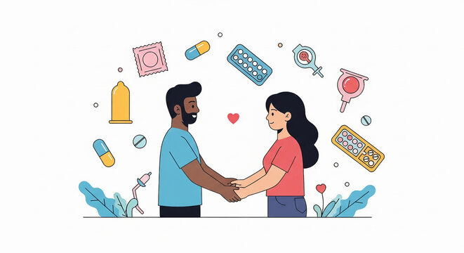 World Contraception Day Concept &ndash; Couple Holding Hands Surrounded by Birth Control Methods