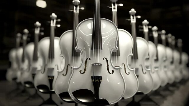 Row of gleaming string instruments showcasing their graceful curves and the timeless beauty of music.