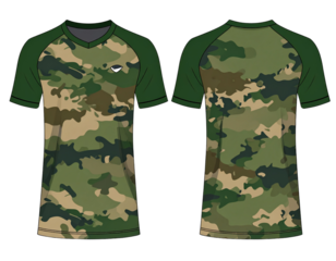 Sports jersey t shirt design flat sketch illustration, Camouflage pattern raglan slee