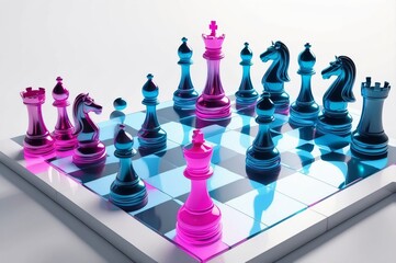 A 3D-rendered chessboard with glossy pink and blue pieces, set against a bright white background, showcasing a game in progress, with pieces reflecting light.  