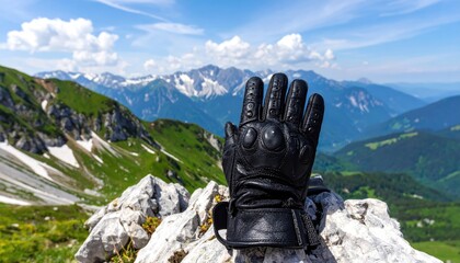 Black leather motorcycle gloves on mountain top