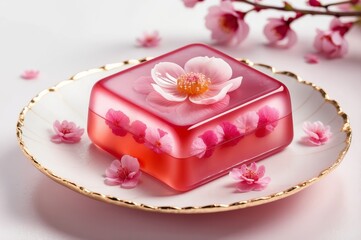 A delicate square of translucent pink jelly, adorned with small pink blossoms, rests on an elegant, scalloped plate, accented with gold.  Pink blossoms are artfully scattered around the plate