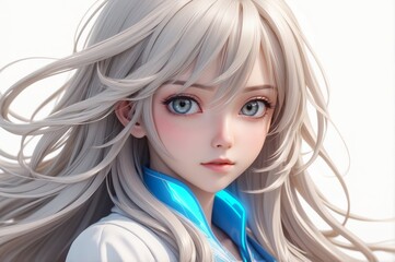 Close-up of a digital anime girl with long, flowing white hair