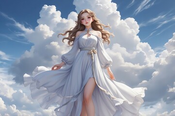 Woman in flowing dress stands against a backdrop of puffy white clouds