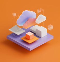 isometric illustration of clouds and a network, with a purple background