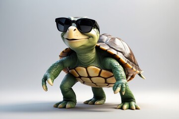 A cartoon turtle, rendered in 3D, sports black sunglasses, standing on a plain grey background.  Its expression is cheerful and relaxed