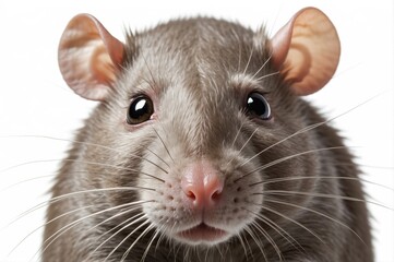 Close-up of a gray rat with large ears and whiskers against a white background