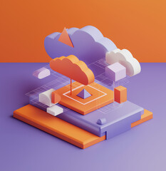 isometric illustration of clouds and a network, with a purple background