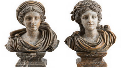 Two classical marble busts of women with ornate hairstyles and draped clothing isolated on transparent background