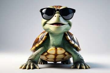 A cheerful, cartoonish turtle wearing dark sunglasses, front-facing against a light grey background.  Its shell is detailed, and it has a friendly expression