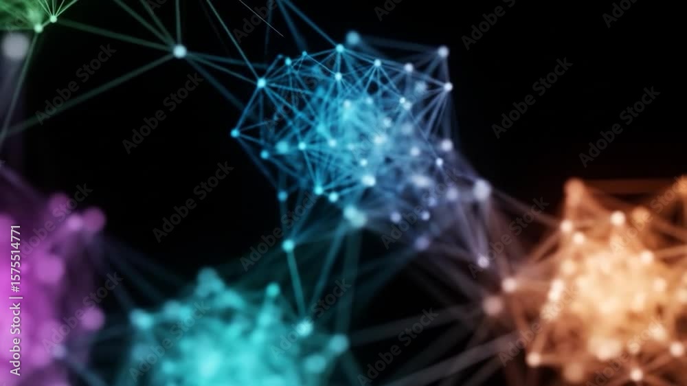 Poster abstract network of connected dots with colorful gradient on black background