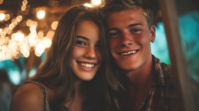 A joyful young couple embracing warmly under soft bokeh lights sharing a sweet intimate moment showcasing natural smiles