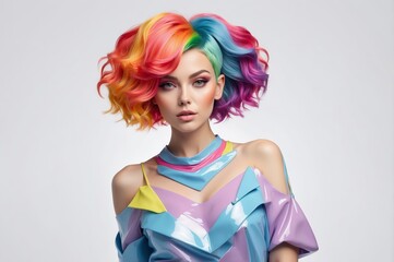 Woman with rainbow hair in a pastel, geometric garment poses centrally