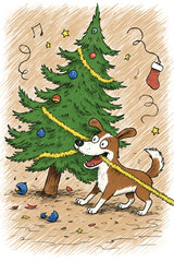 Playful dog tugging on Christmas decorations near decorated tree  