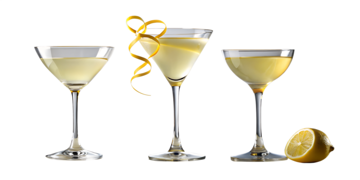 Three Lemon Drop Martinis with Lemon Twist on Transparent Background