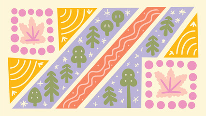 Obraz premium Illustration of trees, leaves, and patterns in triangular and square shapes on a light background