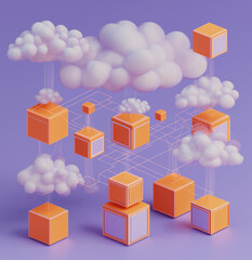 isometric illustration of clouds and a network, with a purple background
