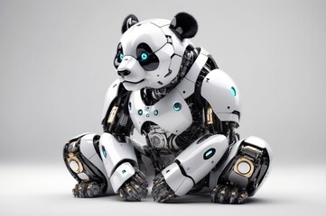Robotic panda bear sitting, white and black with blue lights, against grey
