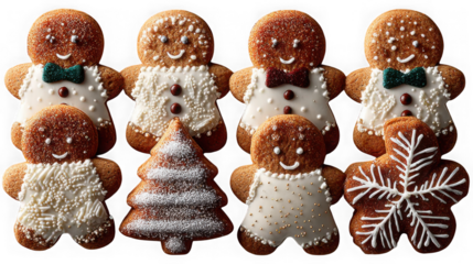 A group of festive gingerbread cookies for christmas isolated on transparent background