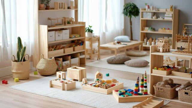 A room with a lot of toys and a lot of shelves. There are many different types of toys, including a lot of blocks