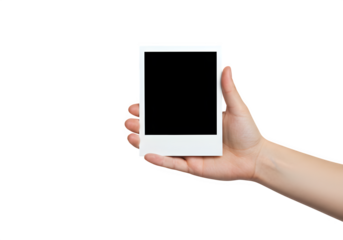 Hand holding blank photo frame, A hand holds a polaroid picture isolated on white or transparent background. PNG