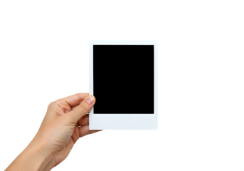 Hand holding blank photo frame, A hand holds a polaroid picture isolated on white or transparent background. PNG