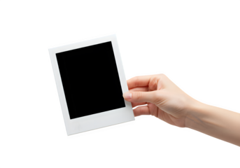 Hand holding blank photo frame, A hand holds a polaroid picture isolated on white or transparent background. PNG