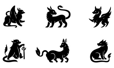 Mythical Creatures, Fantasy Beasts, Legendary Animals, Symbolic Icons, Vector Illustrations, Graphic Design Elements,  Silhouette Art, Dark Fantasy